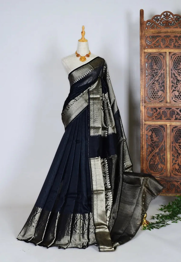 Black-Silver Linen-Cotton Zari-Woven-Border Banarasi-Saree