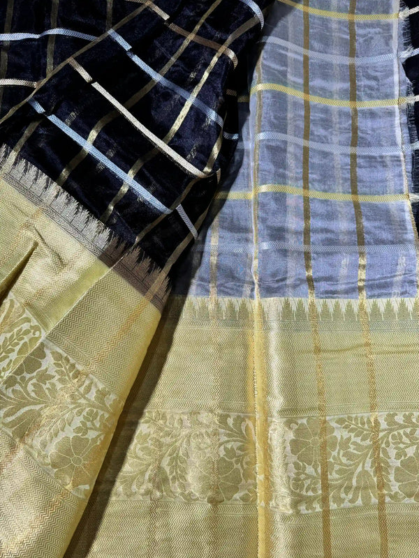 Black-white organza checkered zari woven Banarasi saree