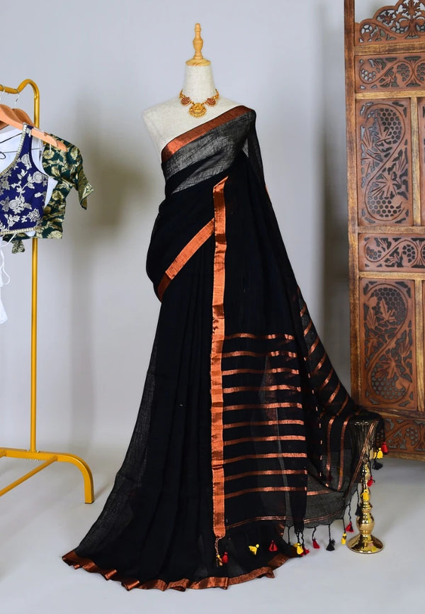 Black-Copper Handloom Linen-Slub Copper-Zari-Patta Bengal-Saree