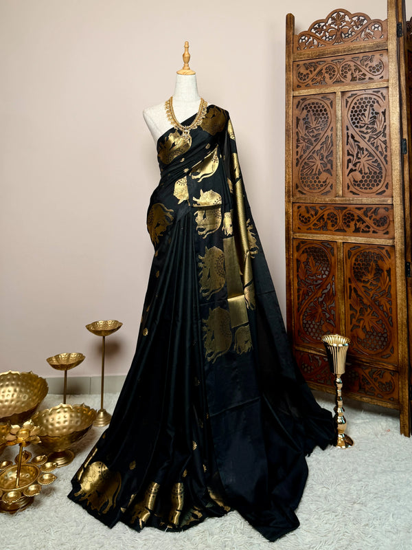 Black Crepe-Silk Elephant-Butta-Border Banarasi-Saree