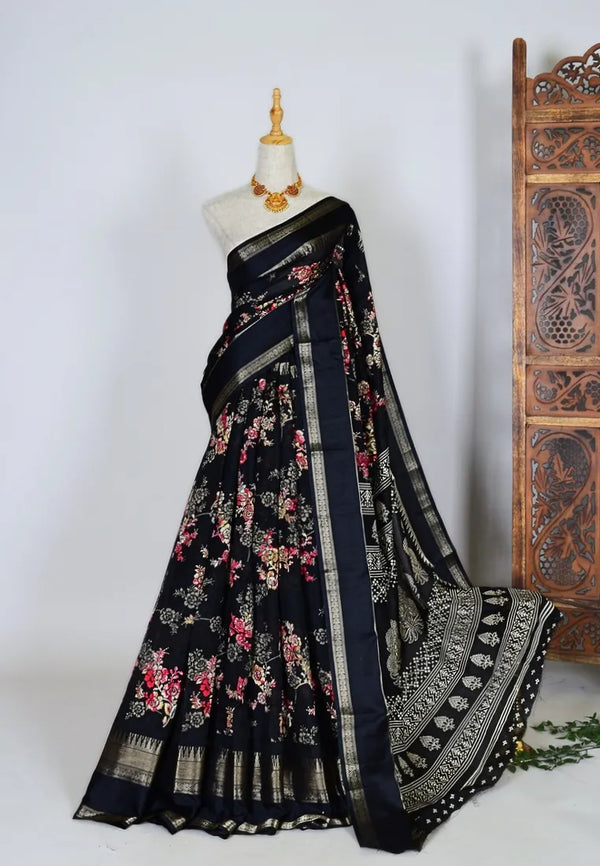 Black Georgette Satin Floral Printed Woven Border North