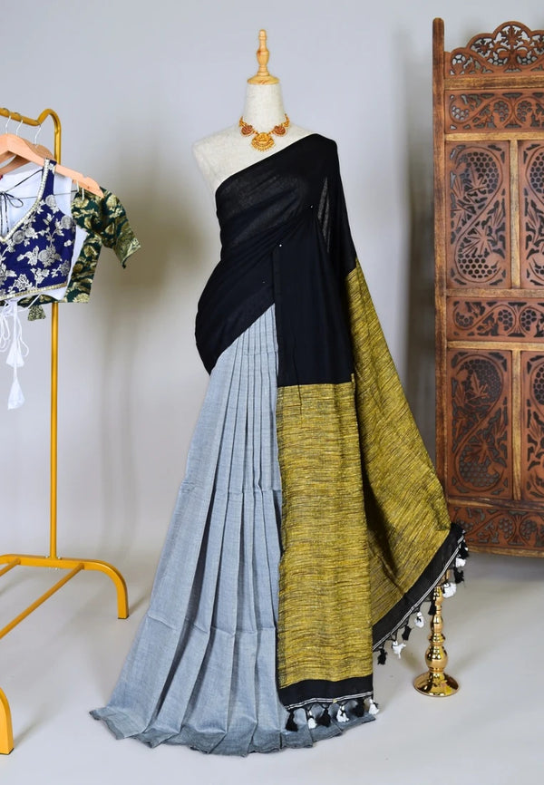 Black-Grey Handloom Pure-Cotton Half-Half Ghicha-Pallu Bengal-Saree