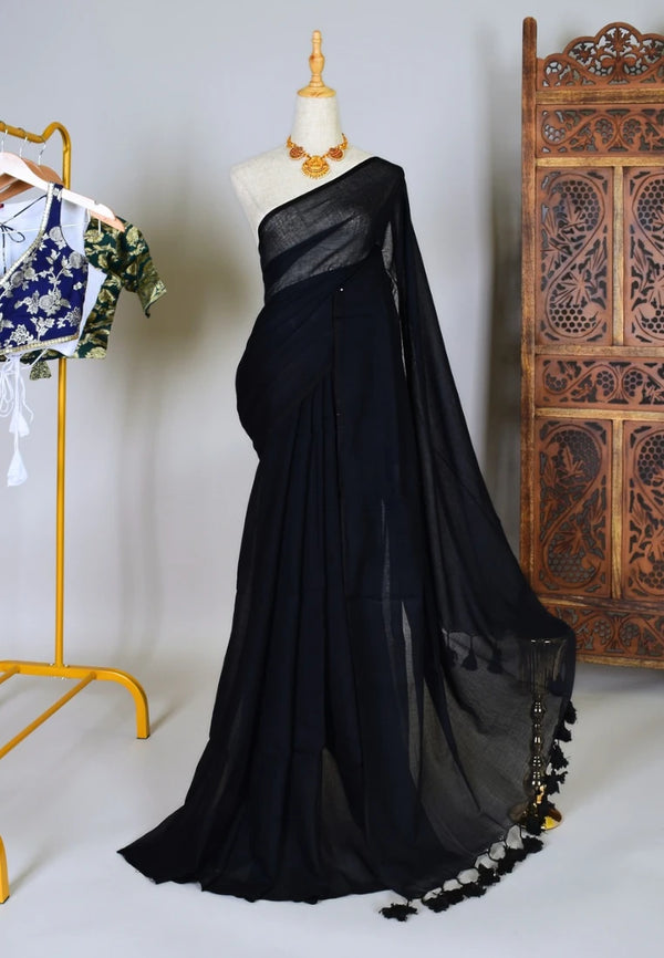 Black Handspun Pure-Cotton Plain-Soft Bengal-Saree