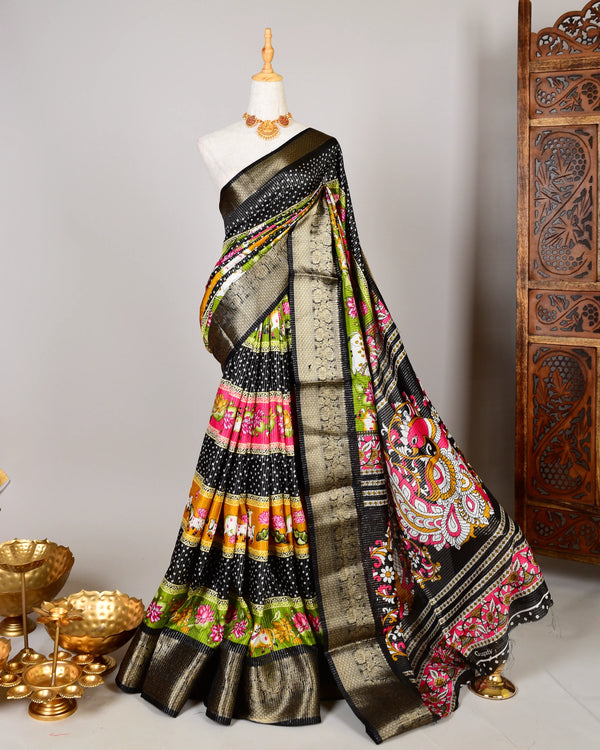 Black Soft-Silk Kalamkari-Cow-Themed North-Saree