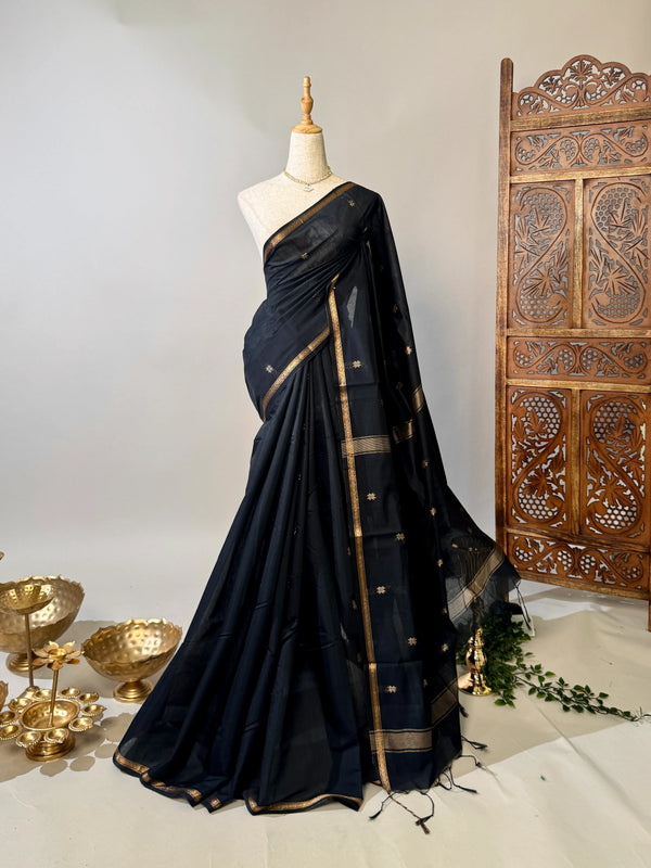 Black-Gold  Poly-Silk-Cotton Butta-Woven South-Saree