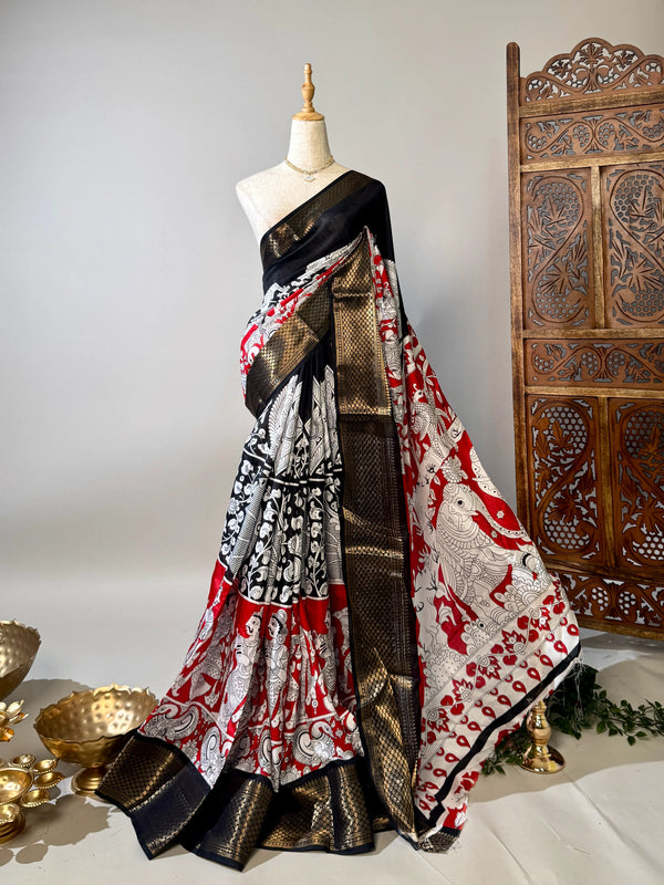 Black-Red Soft-Silk Kalamkari-Themed Woven-Border North-Saree