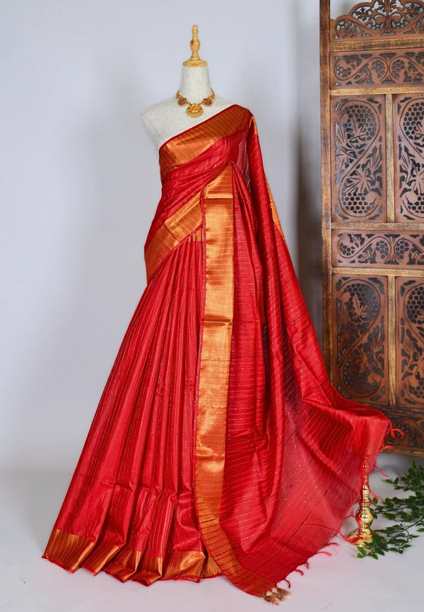 Blood-Red Kota-Silk Sequin-Striped Bengal-Saree