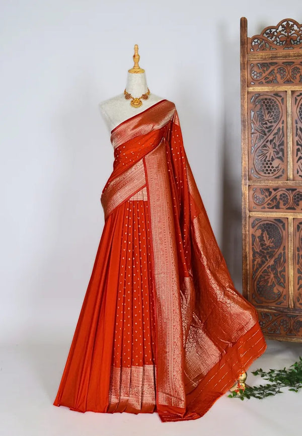 Blood-Red-Gold Silk-Blend Butti-Woven Banarasi-Saree