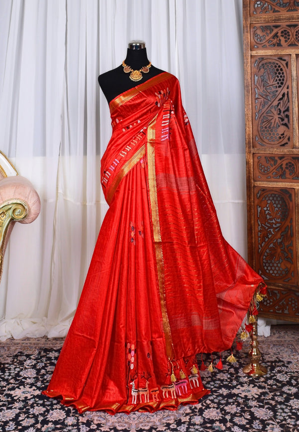 Blood-Red Gold Kota Silk Unique Animal Embroidery Woven Border Bengal Saree