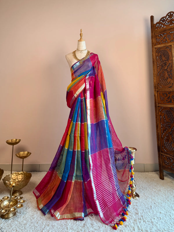 Blue-Pink Handloom Pure-Linen Block-Colours Bengal-Saree