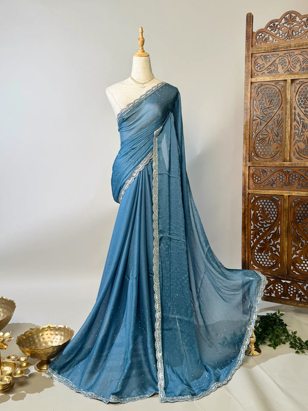 Blue-Silver Chiffon Zari-Butti-Sequin-Border North Saree
