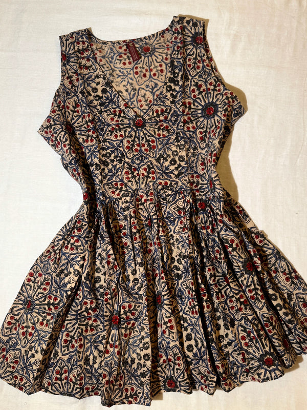 Blue-Cream Cotton Block-Printed Short-Kurti-Top