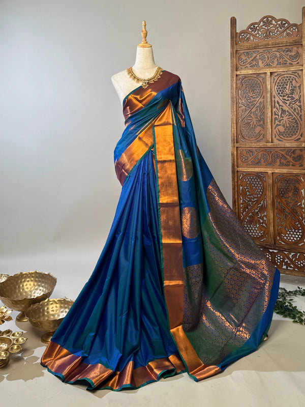 Blue Double-Toned Soft-Silk Mandala Zari-Border South-Saree