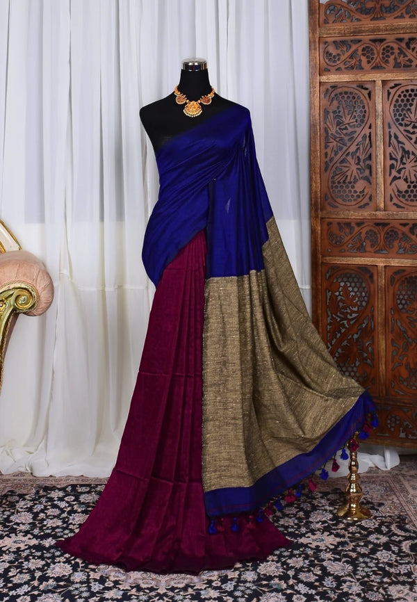 Blue-Purple Handloom Pure-Cotton Half-Half-Design Ghicha-Pallu Bengal-Saree