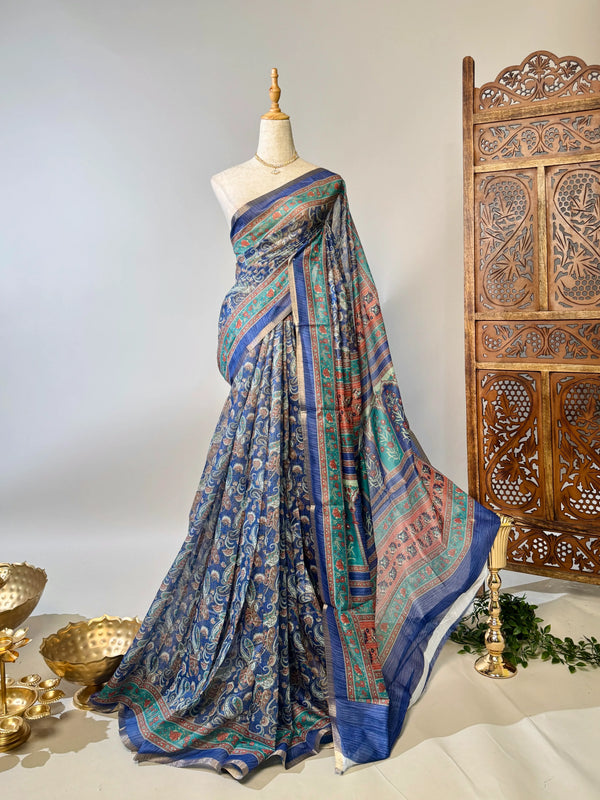 Blue Soft-Cotton Kalamkari-Theme North-Saree