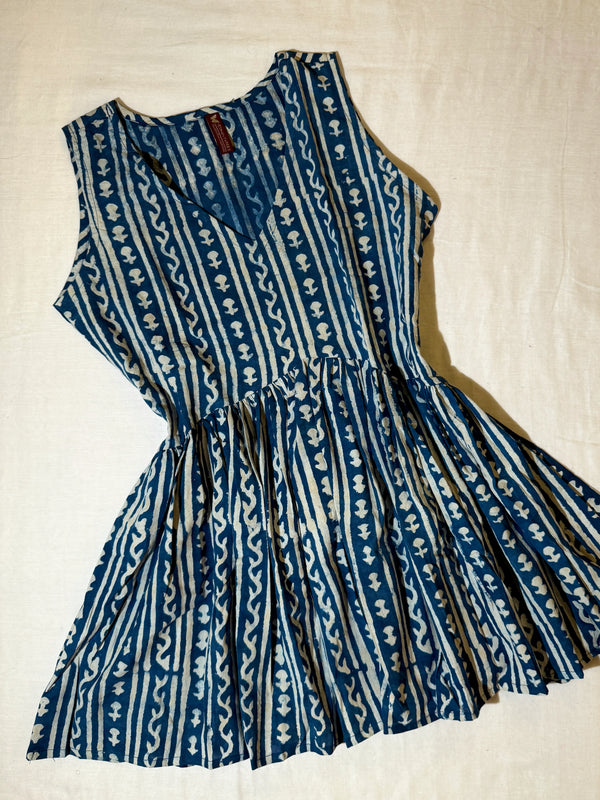 Indigo-Blue-White Cotton Block-Printed Short-Kurti-Top