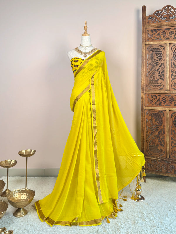 Bright-Yellow Handspun Pure-Cotton kalamkari-Blouse Bengal-Saree