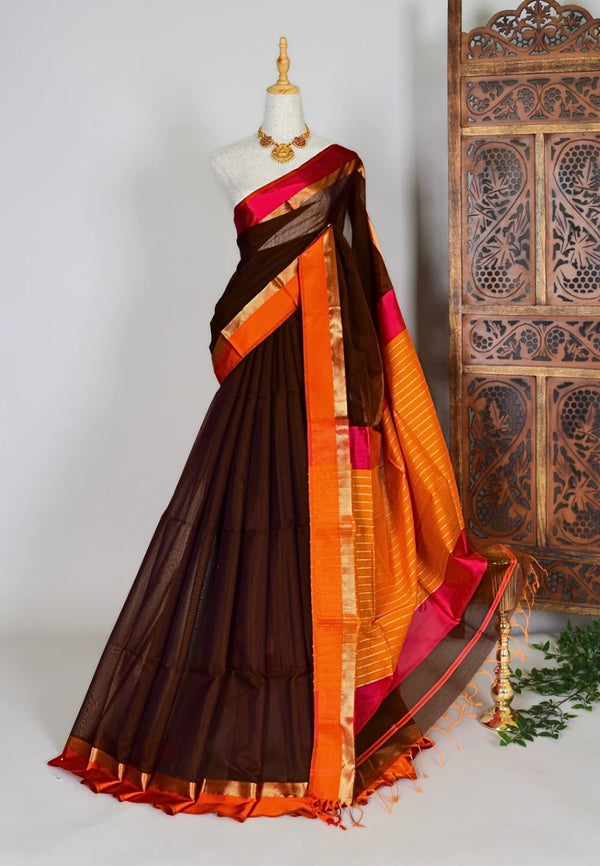 Brown-Orange Handwoven Pure-Silk-Cotton Ghicha-Pallu Maheshwari-Saree