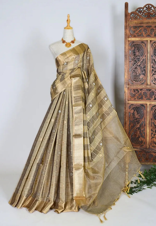 Brown-Beige Silk-Cotton Checkered-Woven-Buttis Banarasi-Saree