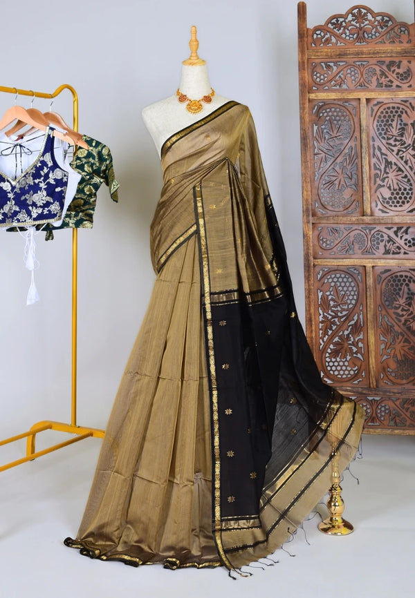 Brown-Black Handwoven Pure-Silk-Cotton Contrast-Pallu Maheshwari-Saree