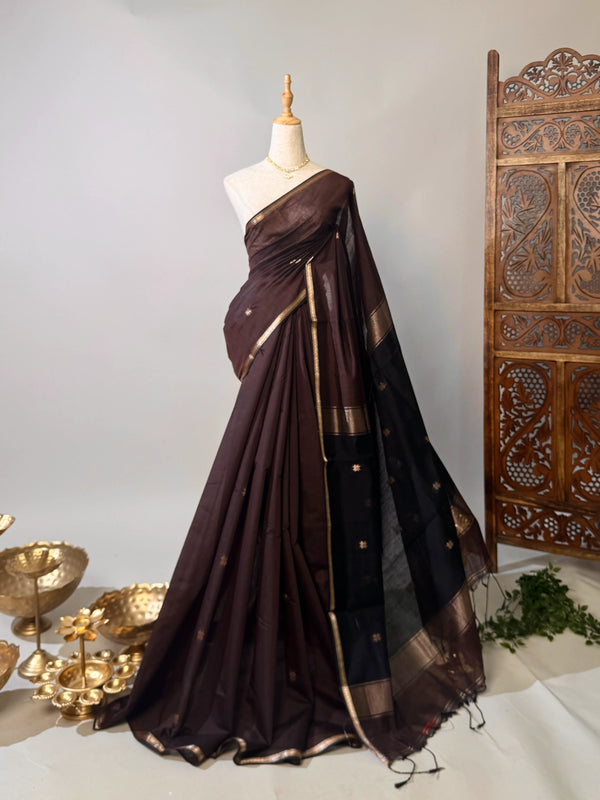 Brown-Black Poly-Silk-Cotton Butta-Woven South-Saree