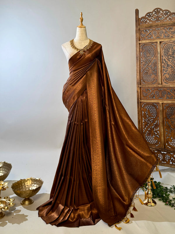 Brown-Gold Soft-Silk Jacquard-Zari-Woven Banarasi-Saree