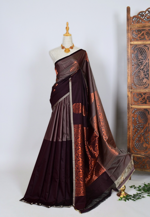 Brown Soft-Silk Zari-Weaving Borderless South-Saree