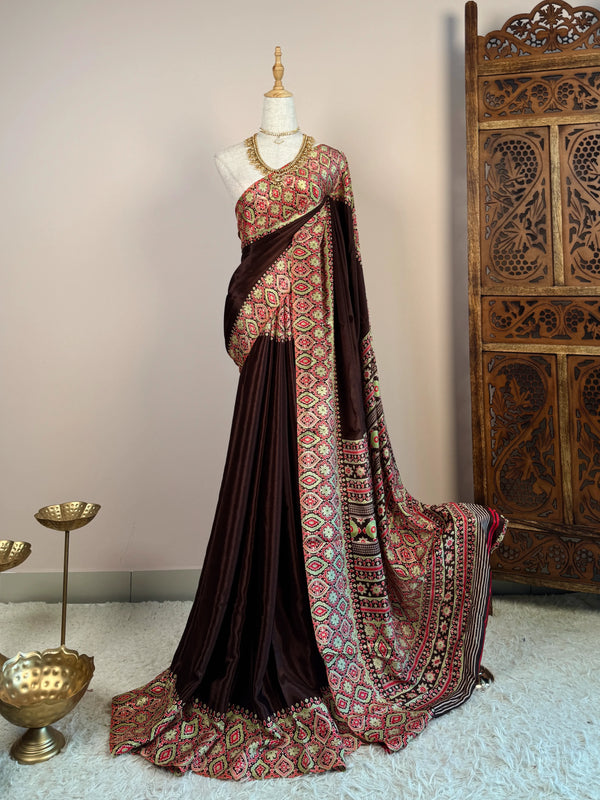 Brown Silk-Satin Digital-Print-Batik North-Saree