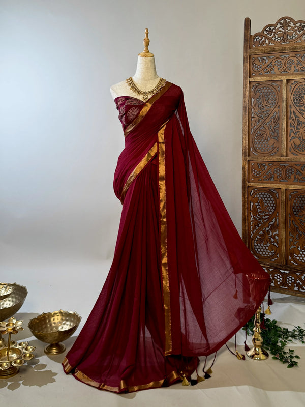 Burgundy Handspun Pure-Cotton Zari-Patta Bengal-Saree