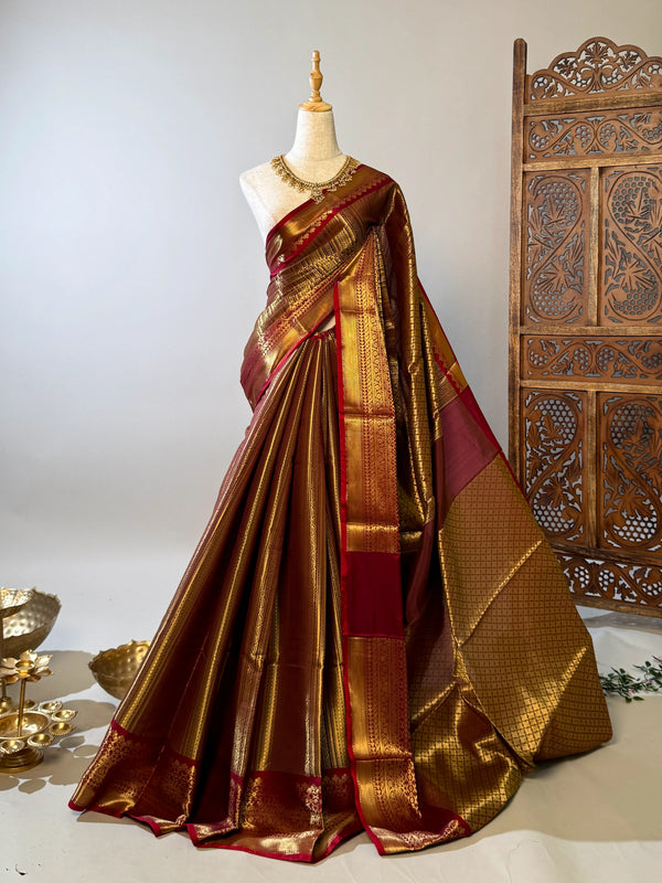 Burgundy-Maroon Zari-Woven Silk-Tanchui Banarasi-Saree