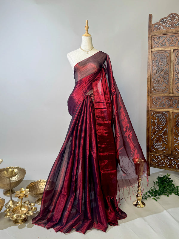 Burgundy Poly-Tissue-Cotton Plain North-Saree