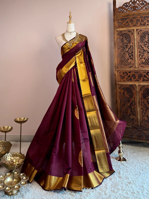 Burgundy Silk-Cotton Mandala-Butta-Woven South-Saree