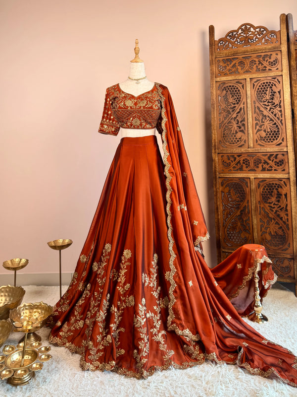 Burnt-Orange Art-Silk Gold-Floral-Embroidery Layered-Pleated-Lehenga-Skirt, Blouse & Dupatta Set