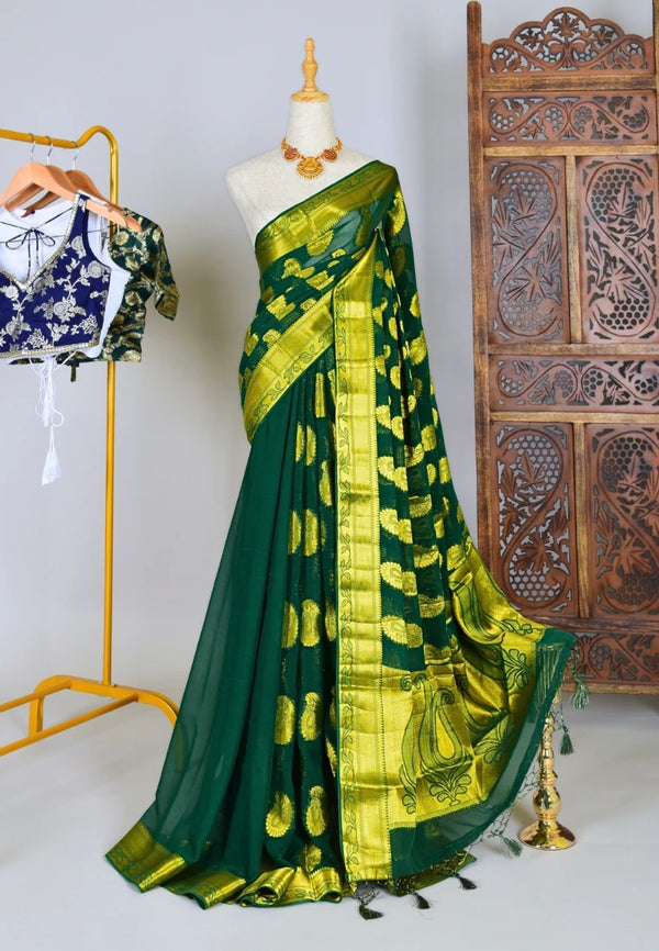 Emerald-Green Chiffon-Butta-Border Heavy-Pallu Banarasi-Saree