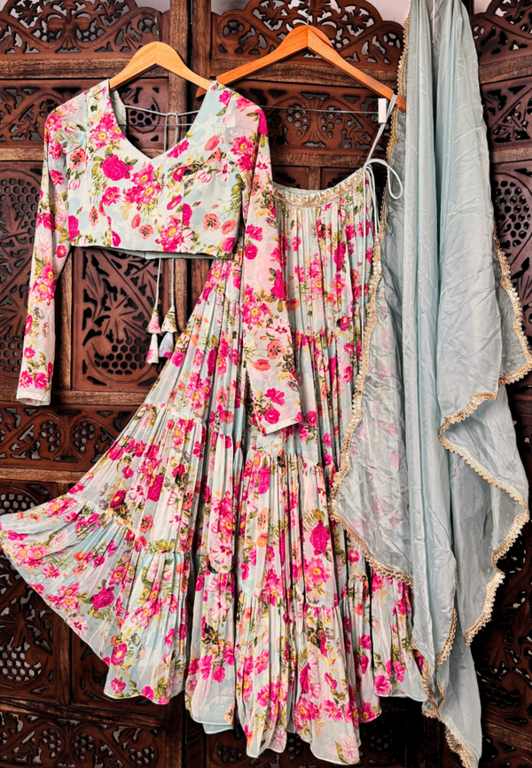 Turquoise-Pink Flora-Printed Georgette Pleated-Layered-Lehenga-Skirt Blouse &amp; Dupatta Set