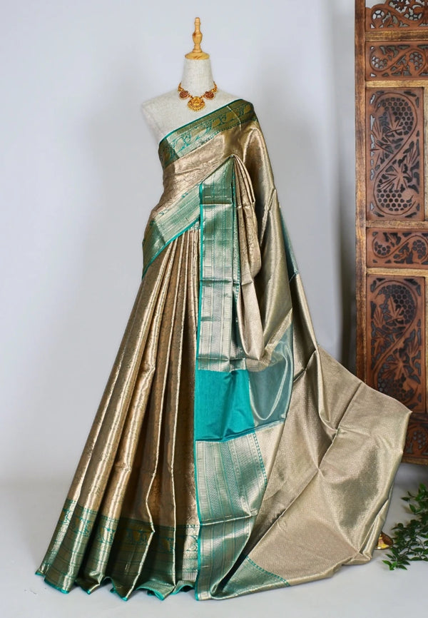 Champagne-Teal Silk-Tanchui Embossed-Body Banarasi-Saree