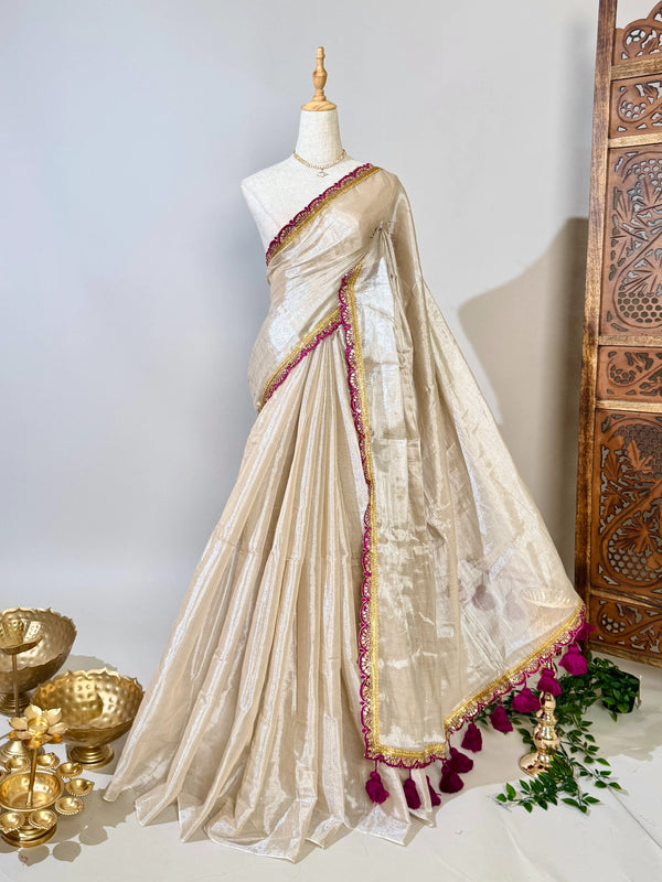 Champagne Poly-Tissue-Cotton Big-Poms Sequin-Border North-Saree