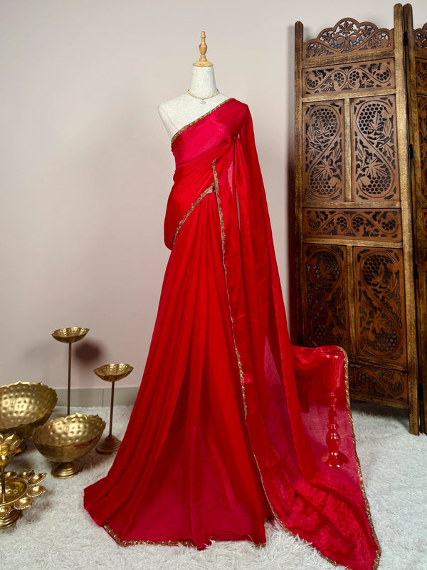 Cherry-Red Silk-Tissue Handwork-Border North-Saree