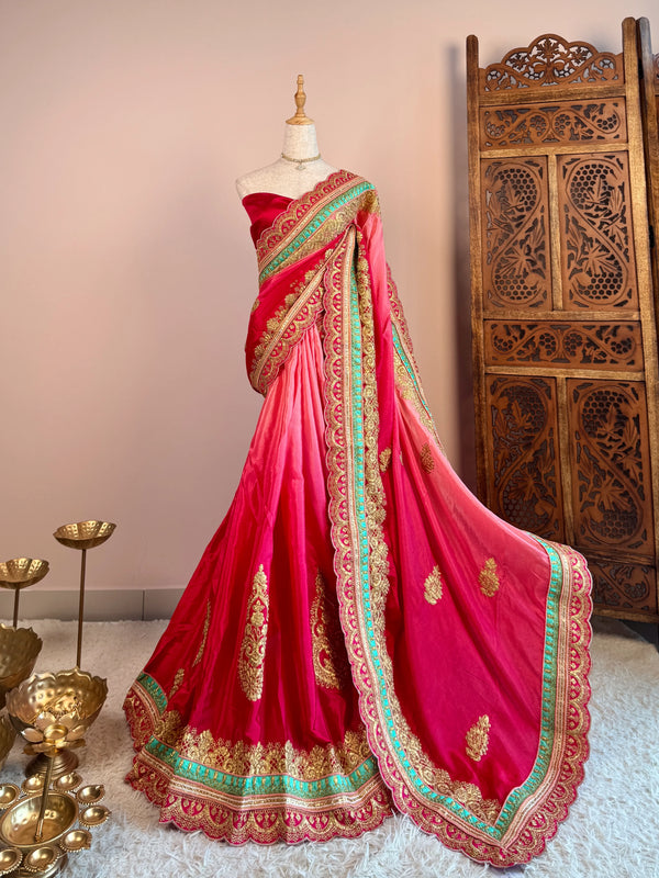 Cherry-Red Soft-Silk Heavy-Embroidery Ombre Premium-North-Saree