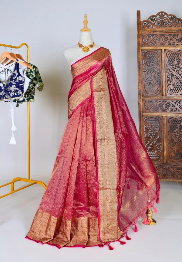 Cherry-Pink Crushed-Silk-Tissue Zari-Border Banarasi-Saree