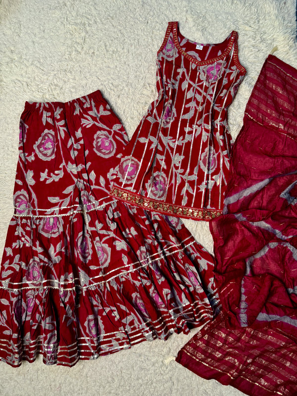 Cherry-Pink Pure-Cotton Screen-Print Kurti-Sharara-Dupatta-Set