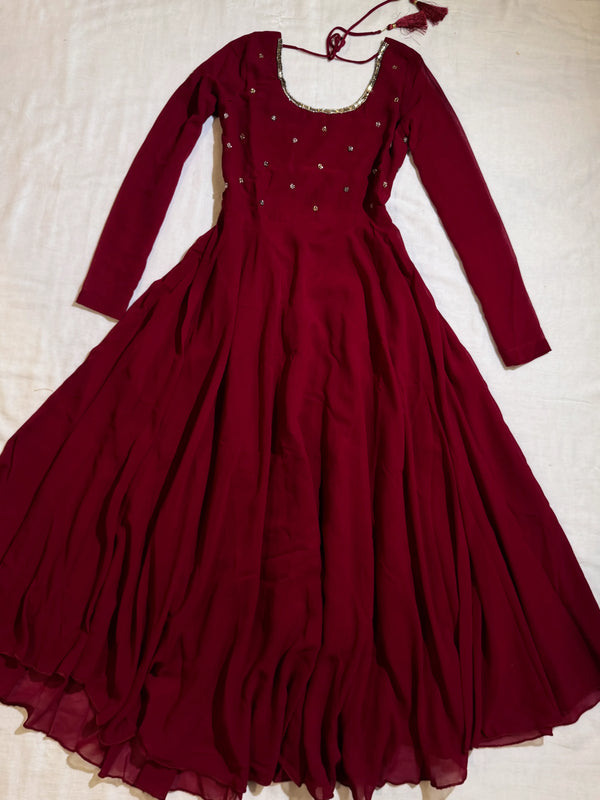 Cherry-Pink Stonework Chiffon Flare-Anarkali-Kurti-Set (10 days delivery)