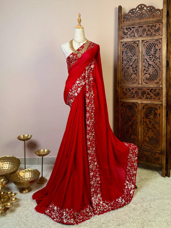 Chilli-Red Crepe-Silk Sequin-Embroidered North-Saree