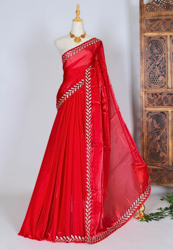 Chilli-Red Silky-Tissue-Organza Embellished-Sequin-Border North-Saree