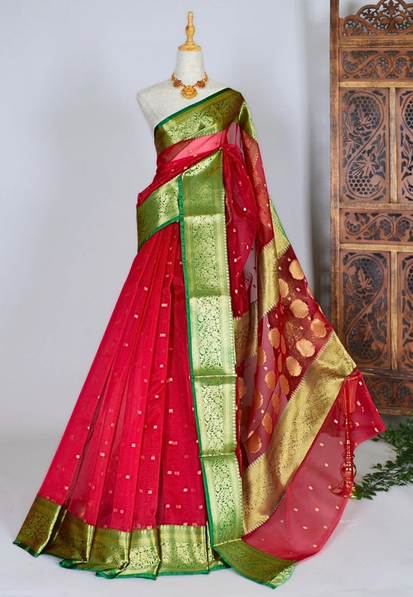 Chilli-Red Soft-Organza Traditional-Zari-Butti Banarasi-Saree