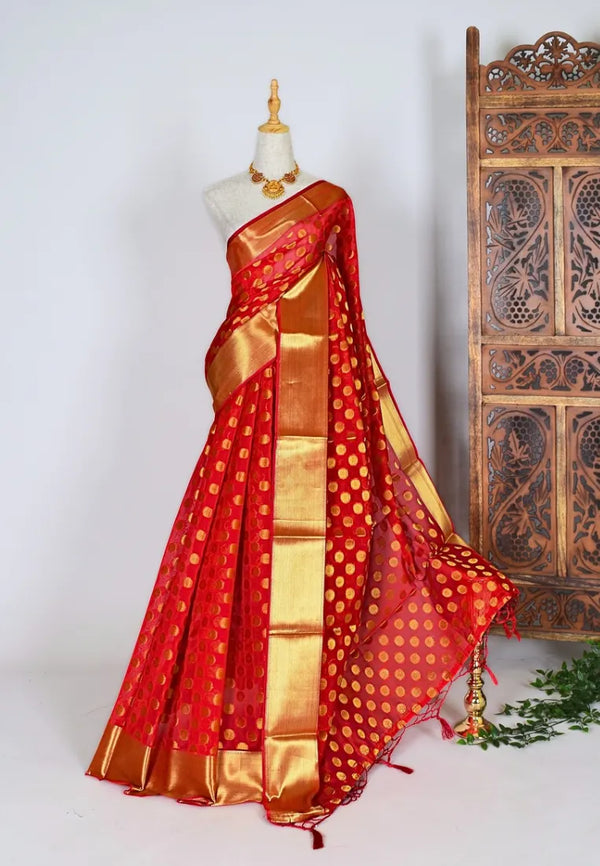 Chilli-Red-Gold Silk-Cotton Woven-Butti  Banarasi saree