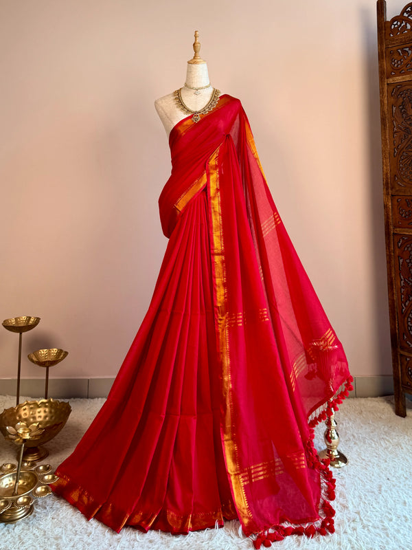Chilli-Red Handspun Pure-Cotton Woven-Border Bengal-Saree