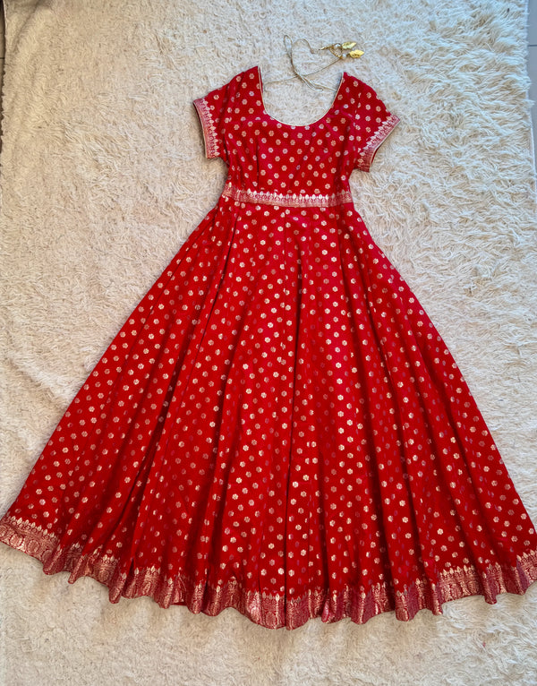 Chilli-Red Pure-Cotton Flare Woven-Butti Anarkali-Kurti-Set