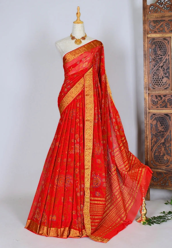 Chilli-Red Weightless-Chiffon Printed-Floral Banarasi-Saree