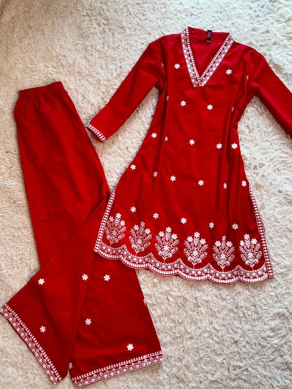 Chilli-Red-White Pure-Cotton Kurti-Pant-Set